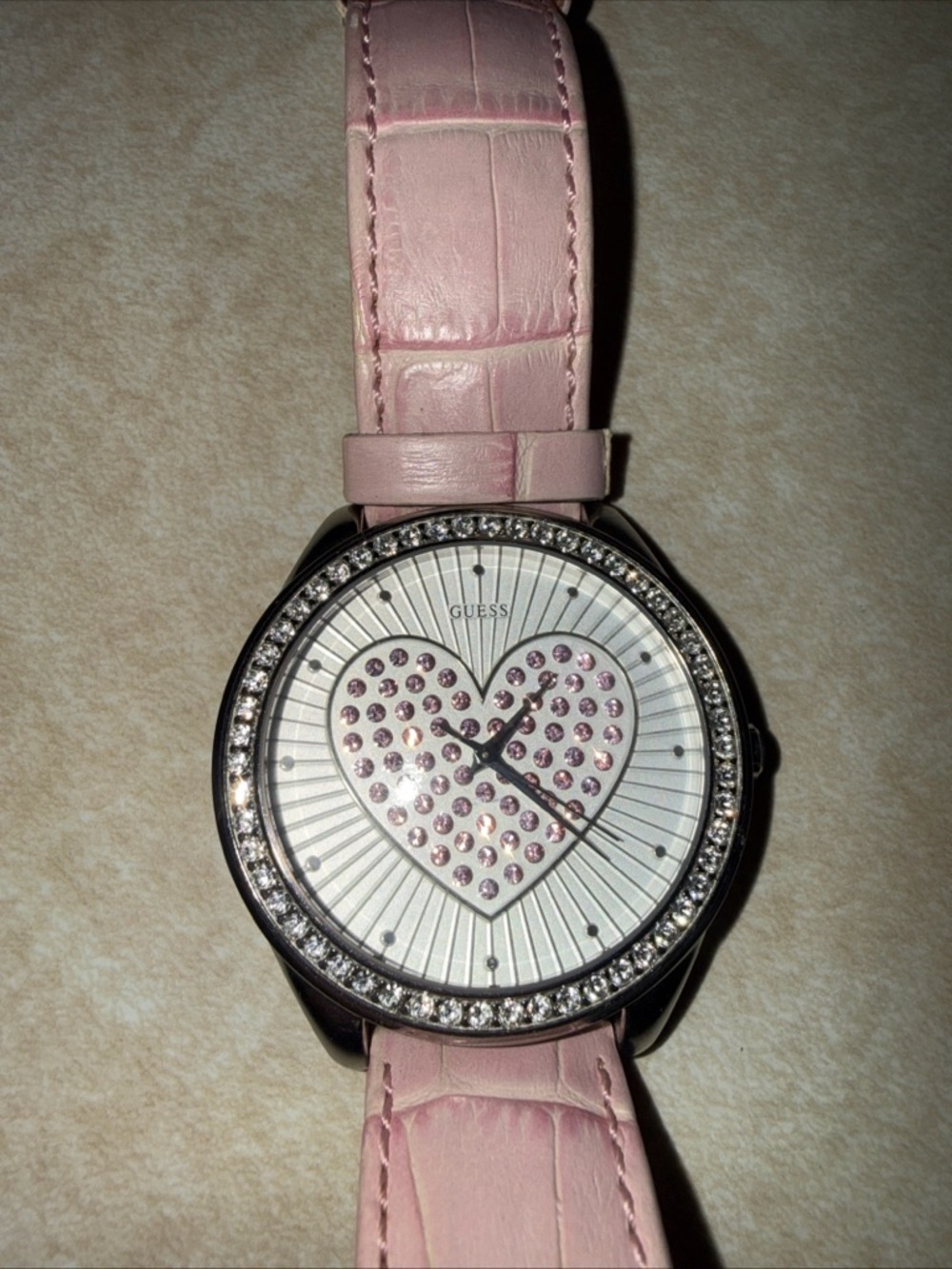 GUESS Women's Large Faced Heart Gemmed‎ Pink Leather Band Stainless Steel Quartz